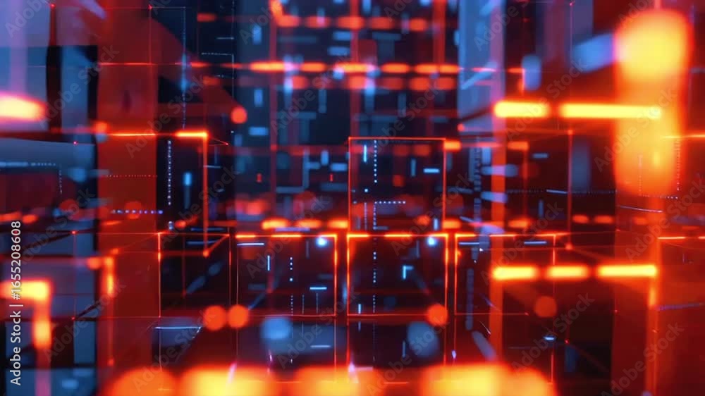 Poster illuminating geometric shapes pulsing with digital energy, rendering complex network connectivity wi