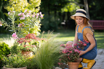 Redhead female gardener working on sunny day