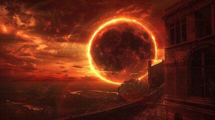 A solar eclipse with a red glow over a city with a dark sky at night