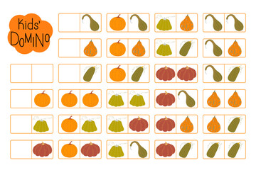 Pumpkins domino for kids, learning autumn vocabulary fun educational activity for logic thinking development, bright illustration printable worksheet for group board game, teacher resources