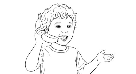 Obraz premium A cute child boy playing with a banana like a phone. Little kid having fun learning communication. Vector illustration in line art style for coloring book page