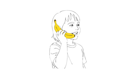 Little child with banana playing as phone receiver. Happy childhood, imagination concept. Vector illustration with minimalist line art style