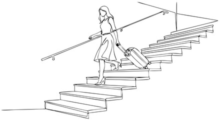 Woman going down stairs with luggage in one continuous line art style. Moving and travel concept. Vector illustration for greeting card, banner, poster