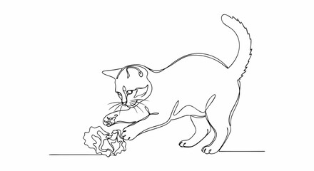 Cute kitten cat playing with crumpled paper in one continuous line art drawing style. Minimalist stroke line vector illustration