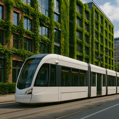 Naklejka premium Modern Tram By Eco-Friendly Building