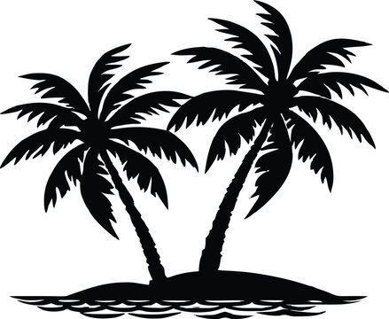 Palm Tree Duo on Beach Silhouette | Tropical Palm Trees Outline