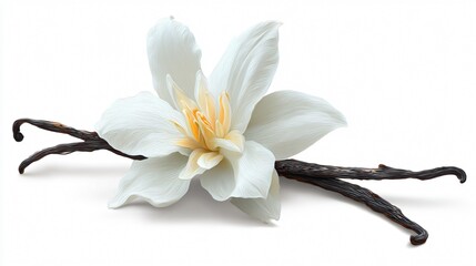 White Vanilla Flower with Sticks Isolated on White Background - Professional Floral Photography