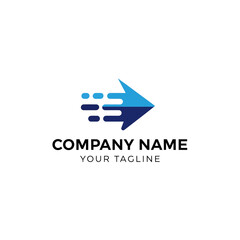 A dynamic blue arrow logo featuring speed lines, symbolizing rapid progress and forward momentum for a company.