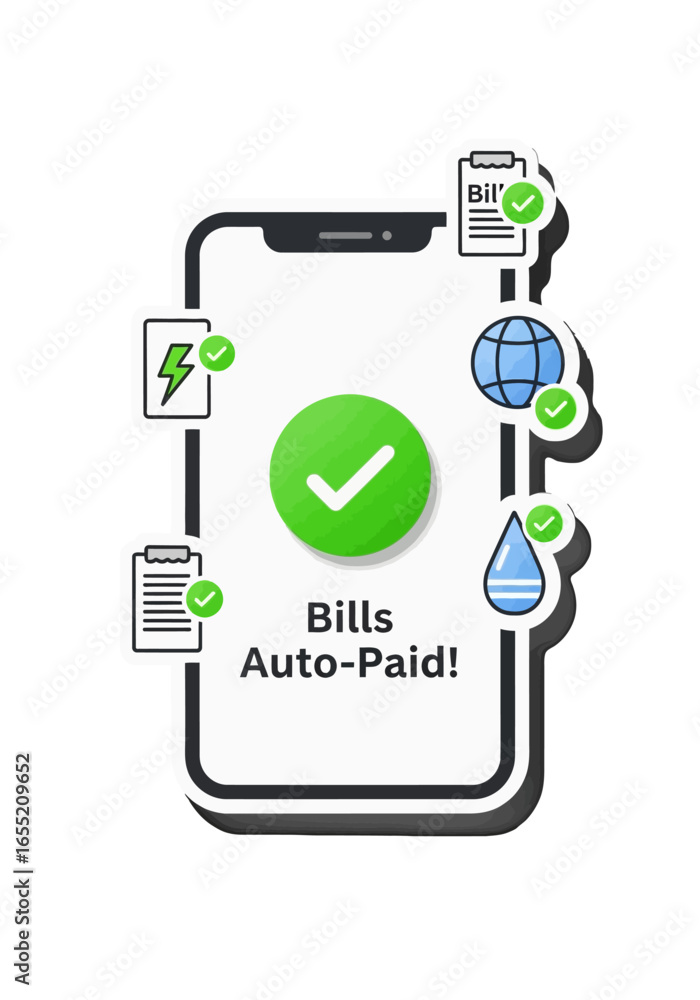 Poster handheld devices display bills paying download and upload vector icons, symbolizing network communic