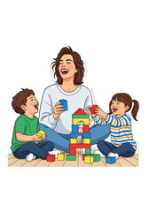 Happy family with two kids playing with toys and smiling together