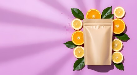 Blank pouch with citrus fruits and leaves on purple