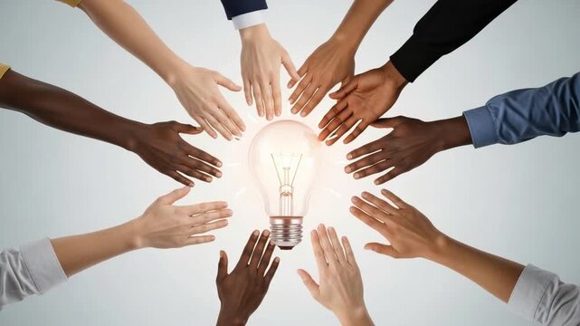 A glowing light bulb surrounded by multiple hands of different skin tones on a white background