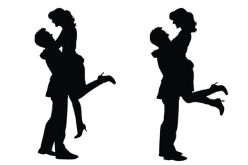 Two Pairs of Silhouetted Lovers Embracing in Celebration, Filled with Joy and Affectionate Romance Displayed in a Joyful Scene