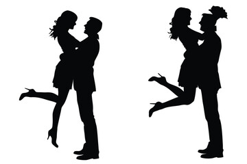 Two Pairs of Silhouetted Lovers Embracing in Celebration, Filled with Joy and Affectionate Romance Displayed in a Joyful Scene