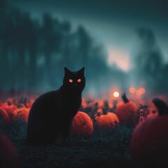  halloween background with pumpkin Black cat with glowing eyes sitting on pumpkin patch in foggy night