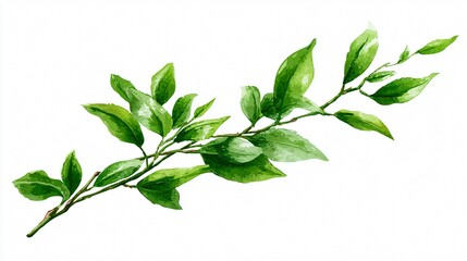 Fresh Green Leaves on Isolated Branch with White Background