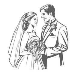 Fototapeta premium Elegant Wedding Illustration of a Bride and Groom Sharing a Loving Gaze While Holding a Bouquet of Flowers
