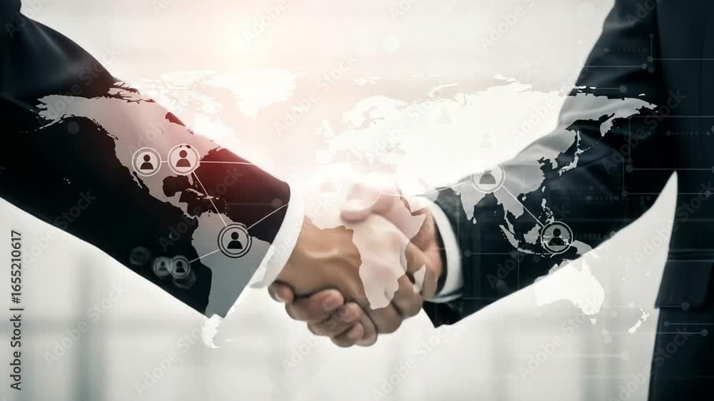 Poster close up of a handshake overlaid with a world map and network icons in a bright and modern style