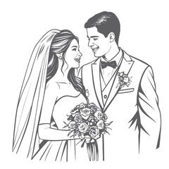 Elegant Wedding Illustration of a Bride and Groom Sharing a Loving Gaze While Holding a Bouquet of Flowers
