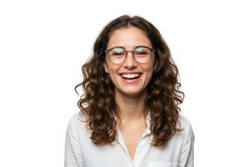 Fototapeta premium Happy woman with glasses smiling isolated on transparent background
