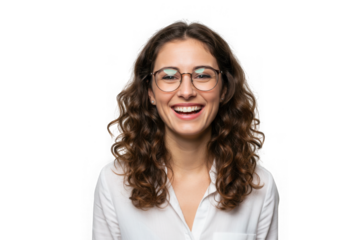 Happy woman with glasses smiling isolated on transparent background