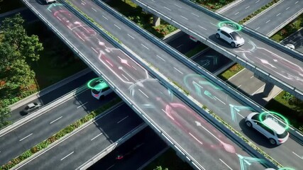 Autonomous vehicles navigate smart intersection with advanced sensor technology. Digital detection systems coordinate traffic flow at modern crossroads with intelligent transportation infrastructure.