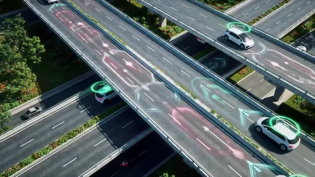 Autonomous vehicles navigate smart intersection with advanced sensor technology. Digital detection systems coordinate traffic flow at modern crossroads with intelligent transportation infrastructure.