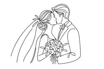 Elegant Line Art Captures a Newly Married Couple Sharing a Kiss During Their Wedding Ceremony Beautiful Moment of Love