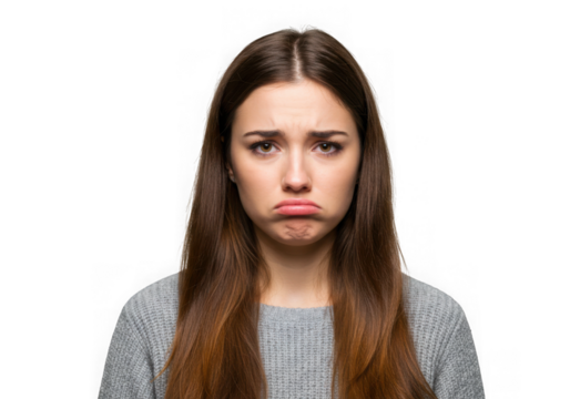 Portrait of a sad young woman with a mournful expression isolated on transparent background