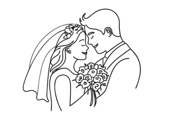 Elegant Line Art Captures a Newly Married Couple Sharing a Kiss During Their Wedding Ceremony Beautiful Moment of Love