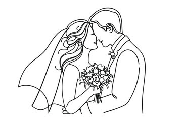 Elegant Line Art Captures a Newly Married Couple Sharing a Kiss During Their Wedding Ceremony Beautiful Moment of Love