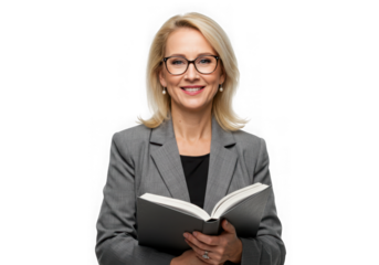 Successful business woman holding a book isolated on transparent background