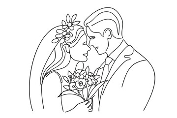 Elegant Line Art Captures a Newly Married Couple Sharing a Kiss During Their Wedding Ceremony Beautiful Moment of Love