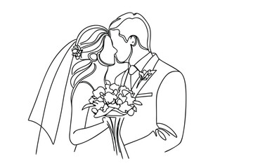 Elegant Line Art Captures a Newly Married Couple Sharing a Kiss During Their Wedding Ceremony Beautiful Moment of Love