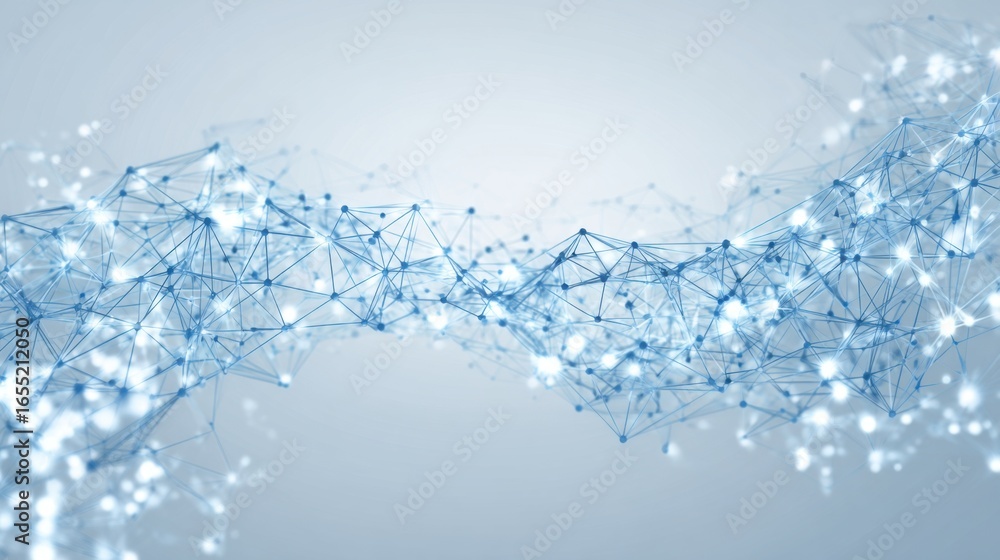 Poster connected points and lines create an abstract, flowing network in light blue shades. the design symb
