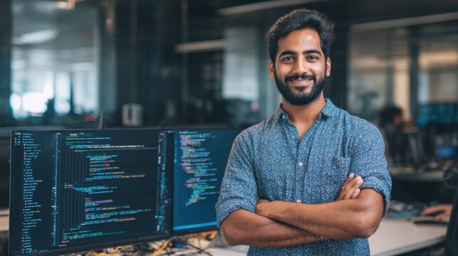 A young man stands with crossed arms in a contemporary workspace filled with computer screens displaying colorful code. His friendly smile suggests a positive atmosphere as colleagues work nearby. - Powered by Adobe