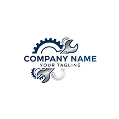 An industrial logo template featuring mechanical blue gears and silver wrenches for a repair or engineering business.