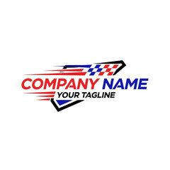 Dynamic logo design featuring a checkered flag motif with speed lines, company name, and tagline.