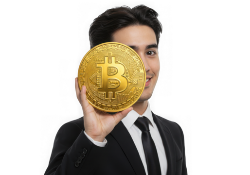 Smiling businessman holding bitcoin in front of face isolated on transparent background