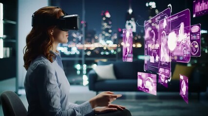 Business woman uses vr headset with holographic purple interface in modern office. Virtual reality technology for data visualization, digital analytics, immersive computing experience. - Powered by Adobe
