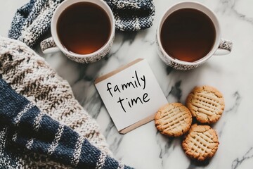Cozy family time with tea and cookies on a marble table