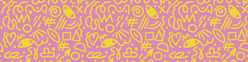 Seamless pattern with yellow doodles on pink, sketchy bright shapes, playful design, modern repeat illustration