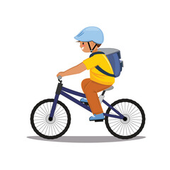 Naklejka premium Boy on bicycle, safe helmet, city journey, education theme, cheerful child biking, modern student illustration