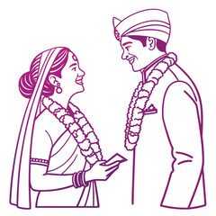 Elegant Indian Wedding Illustration Depicting a Bride and Groom Exchanging Garlands in a Traditional Ceremony of Love