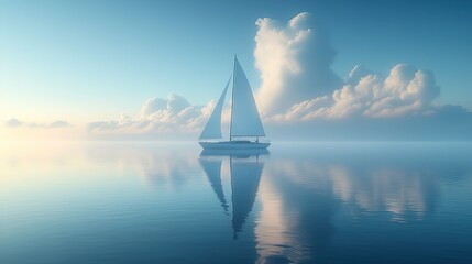 Fototapeta premium Sailboat on Calm Sea with Clouds - Serene Coastal Scene for Wall Art, Website Background, or Relaxation Projects