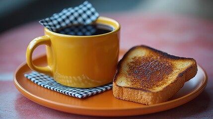 Yellow coffee mug with checkered napkin and toasted bread slice on orange plate