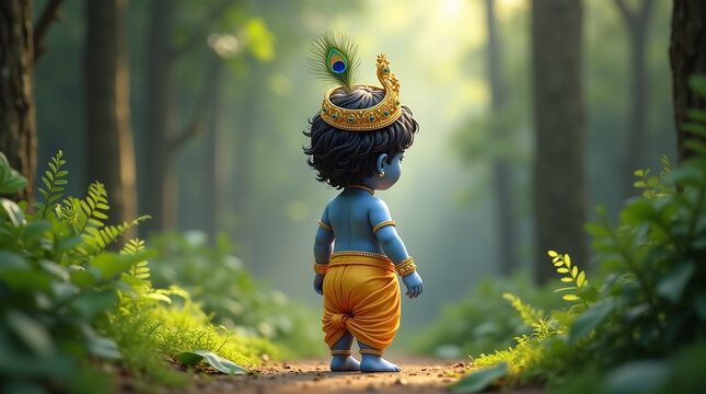 Baby Lord Krishna standing gracefully in the jungle, Shree Krishna janmashtami, Krishna birth festival.