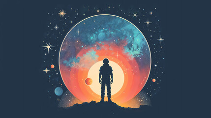 Obraz premium T-shirt print. A lone astronaut representing space exploration against a backdrop of a bright galaxy and stars.