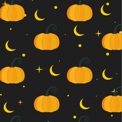 Vector seamless pattern with pumpkin on black background. Autumn illustration for Halloween holiday decoration, wrapping paper, background.
