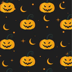 Spooky vector seamless pattern with carved pumpkin head. Jack-o'-lantern. Autumn illustration in flat cartoon style for Halloween holiday decoration, wrapping paper, background.